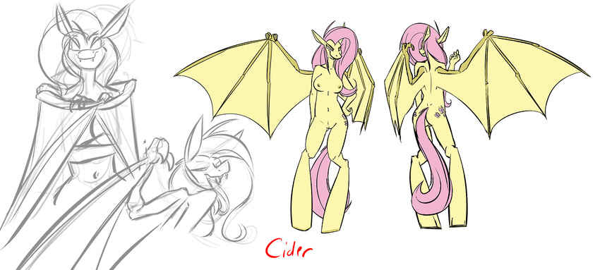 anthro anthrofied bat_wings cutie_mark equine fangs female flutterbat_(mlp) fluttershy_(mlp) friendship_is_magic frumplechuck hair horse looking_at_viewer mammal my_little_pony nude pink_hair plain_background pony pussy sketch solo standing tongue tongue_out vampire white_background wings