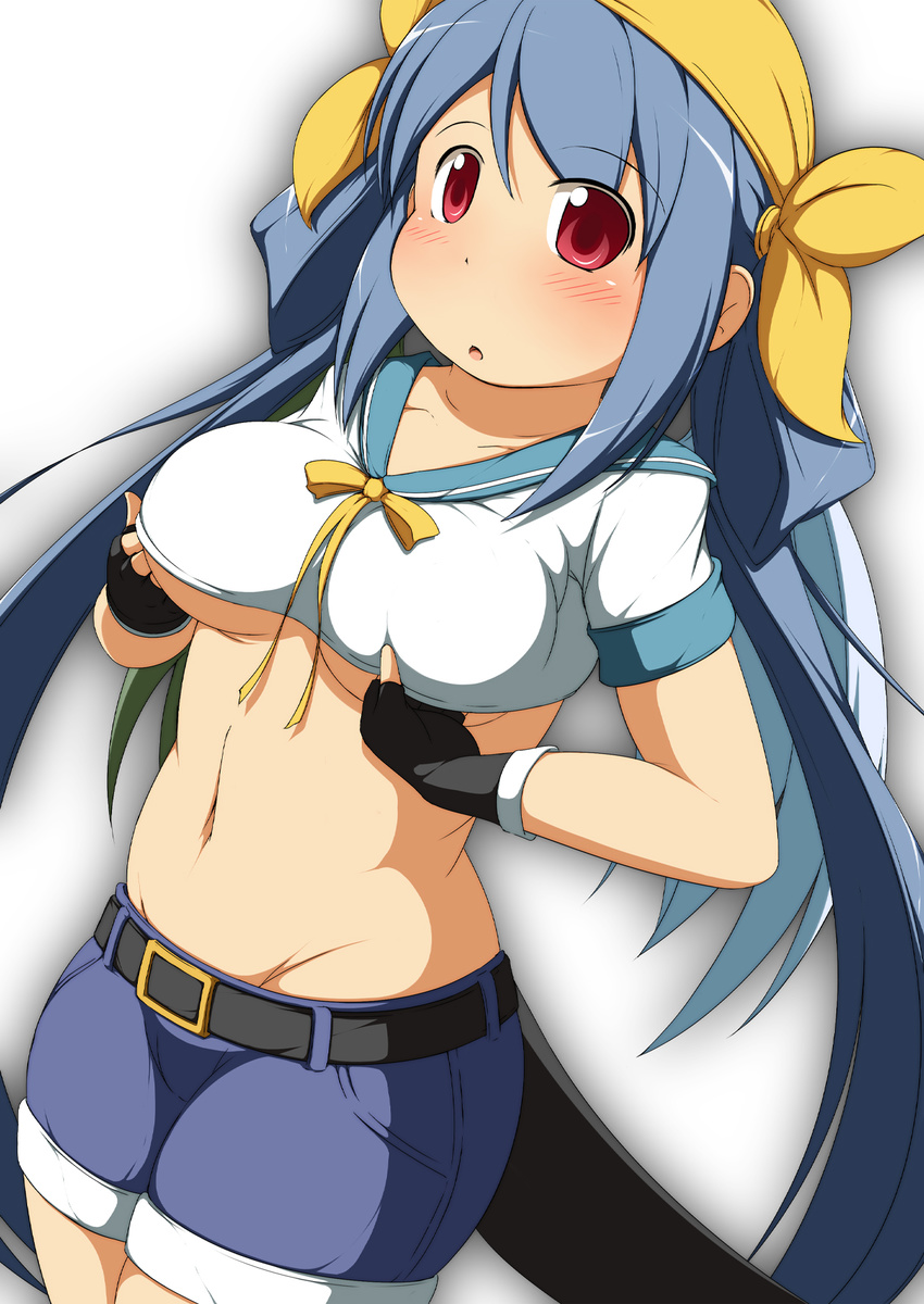 bandana belt black_gloves blue_hair blue_sailor_collar blush breasts dizzy fingerless_gloves gloves guilty_gear highres large_breasts long_hair looking_at_viewer midriff mirano navel red_eyes sailor_collar shorts solo tail twintails underboob