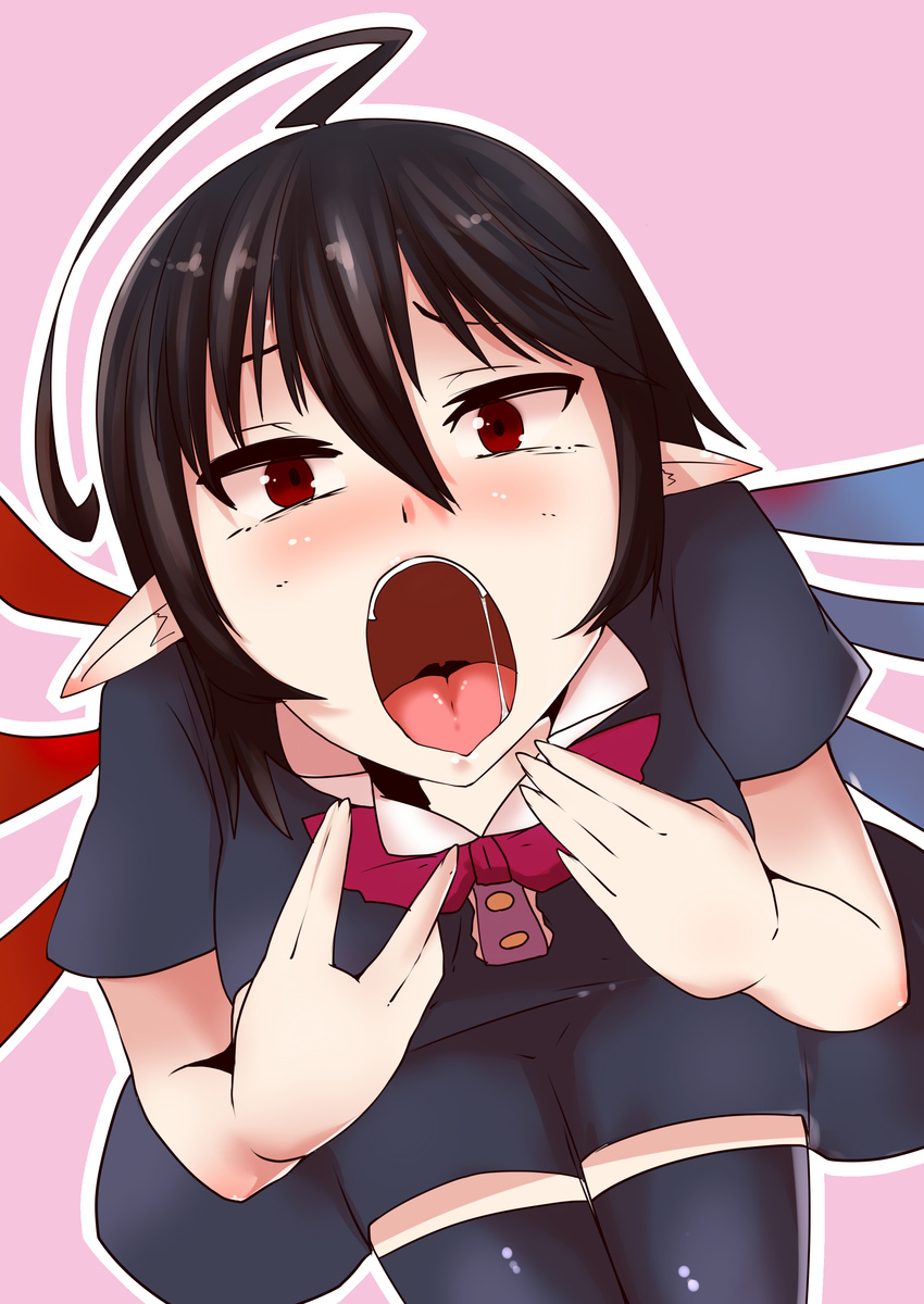 1girl absurdres ahoge female highres houjuu_nue imminent_fellatio looking_at_viewer open_mouth pointy_ears red_eyes simple_background solo tenkomori_(bug_kura) tongue touhou