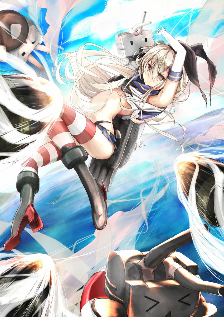 &gt;_&lt; blonde_hair boots brown_eyes chippucream closed_eyes elbow_gloves gloves grey_footwear hairband highres kantai_collection lifebuoy long_hair rensouhou-chan shimakaze_(kantai_collection) skirt striped striped_legwear thighhighs white_gloves