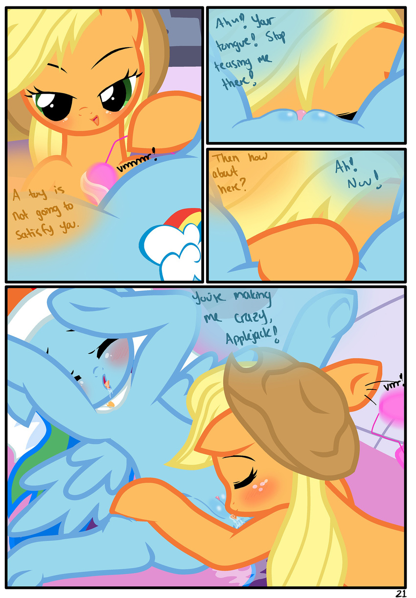 applejack_(mlp) blush comic cowboy_hat dialog edit english_text equine female feral freckles friendship_is_magic green_eyes hair hat hi_res horse lesbian mammal multi-colored_hair my_little_pony pegasus pony pussy pyruvate rainbow_dash_(mlp) sex_toy spa spread_legs spreading text vibrator wing_boner wings