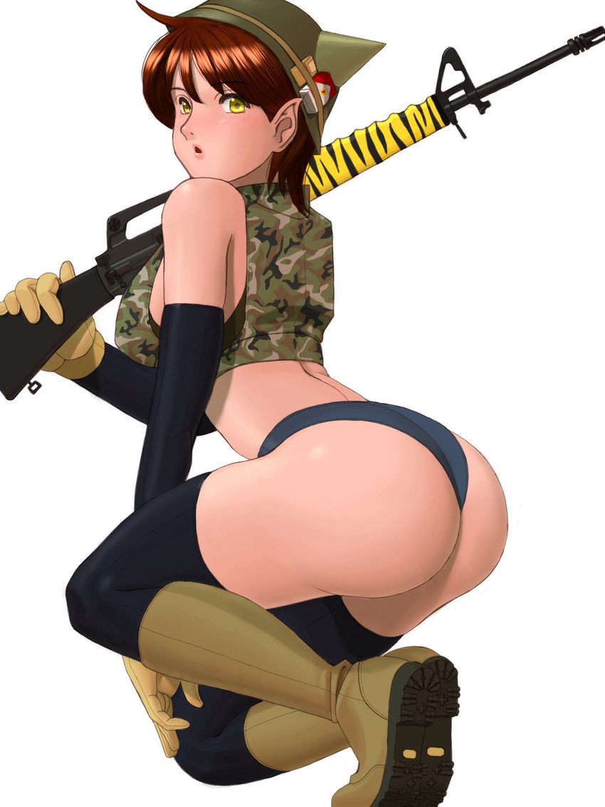 ass assault_rifle bare_shoulders black_gloves black_legwear boots brown_hair elbow_gloves gloves green_eyes gun highres knee_boots m16a1 nokaze_koyama original rifle short_hair simple_background solo thighhighs thighs weapon white_background