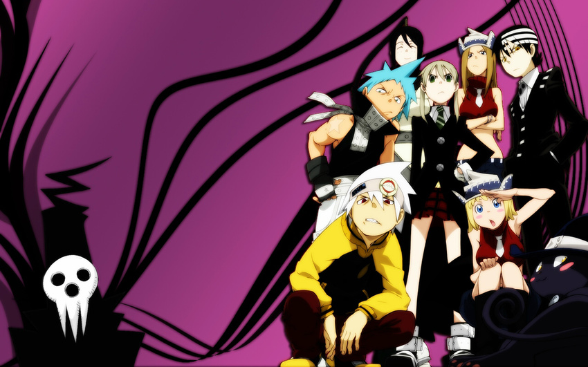 4girls artist_request biceps black black_hair black_star blonde_hair blue_hair cat cowboy_hat death_the_kid elizabeth_thompson everyone formal hat maka_albarn multiple_boys multiple_girls nakatsukasa_tsubaki necktie patricia_thompson shinigami_sama shoes skirt soul_eater soul_eater_(character) wallpaper white_hair witch_hat