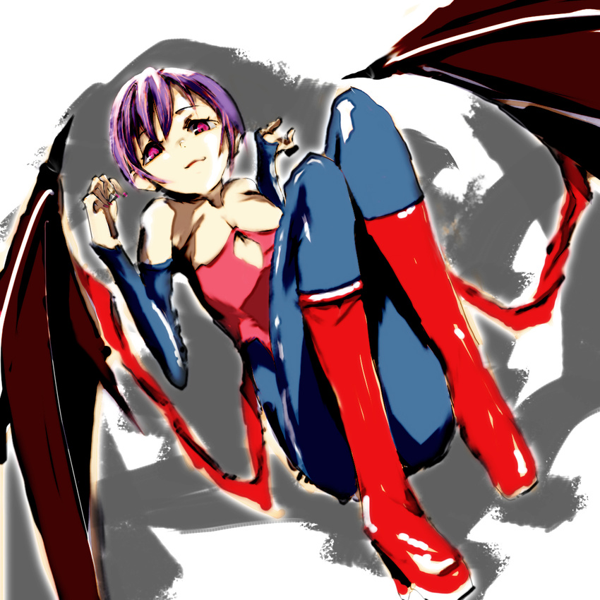atihsa bat_wings demon_girl elbow_gloves flat_chest gloves highres leotard lilith_aensland pantyhose purple_hair red_eyes red_leotard short_hair solo succubus vampire_(game) wings