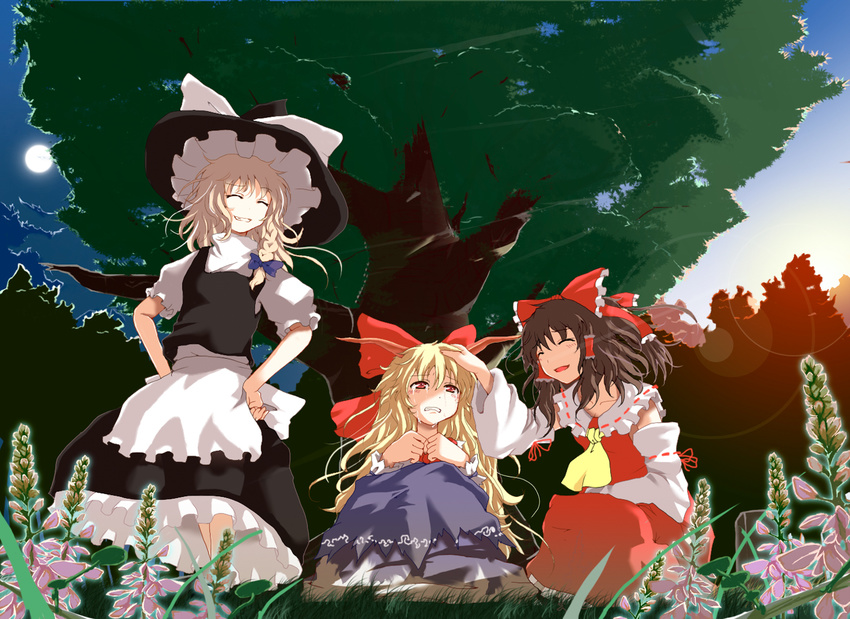 bad_id bad_pixiv_id blonde_hair brown_hair detached_sleeves flower hair_ribbon hakurei_reimu hands_on_hips hat ibuki_suika kirisame_marisa multiple_girls nejime petting red_eyes ribbon tears touhou tree