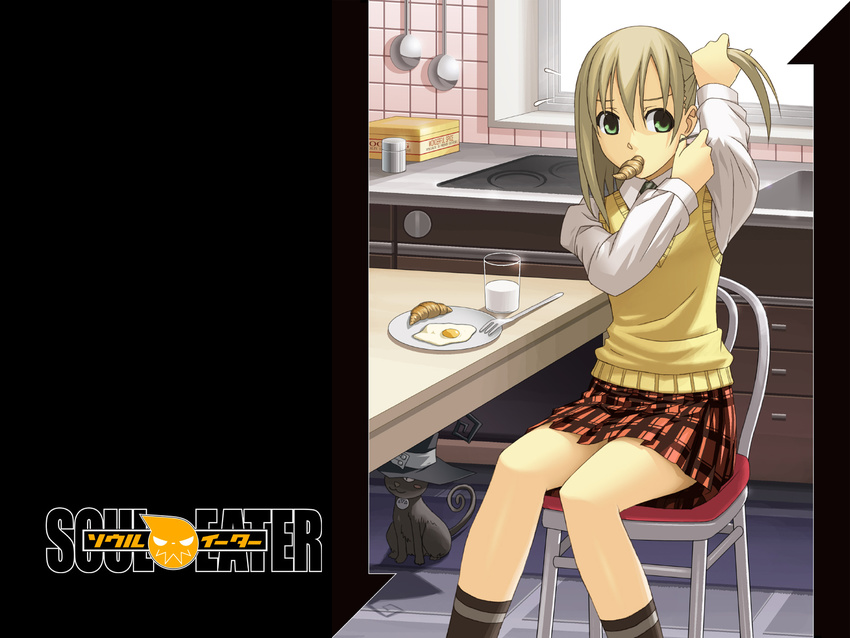 adjusting_hair black_cat blair blonde_hair cat chair croissant egg food fork glass green_eyes hair_down hat highres kitchen maka_albarn milk necktie shirt skirt soul_eater sweater wallpaper yudoufu_(yudouhu)