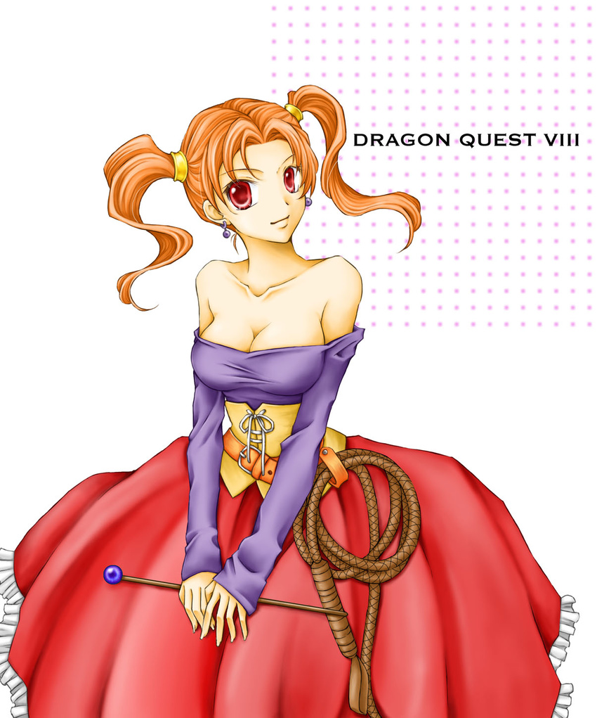 bad_id bad_pixiv_id bare_shoulders breasts cleavage copyright_name dragon_quest dragon_quest_viii dress earrings highres jessica_albert jewelry large_breasts orange_hair purple_shirt red_eyes shirt solo sorano_namida strapless strapless_dress twintails wand whip white_background