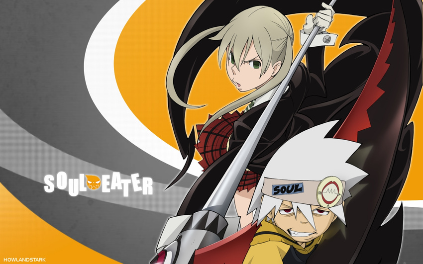 1girl artist_request blonde_hair clenched_teeth dress from_behind long_sleeves looking_at_viewer maka_albarn polearm red_dress scythe soul_eater soul_eater_(character) teeth twintails upper_body wallpaper weapon white_hair