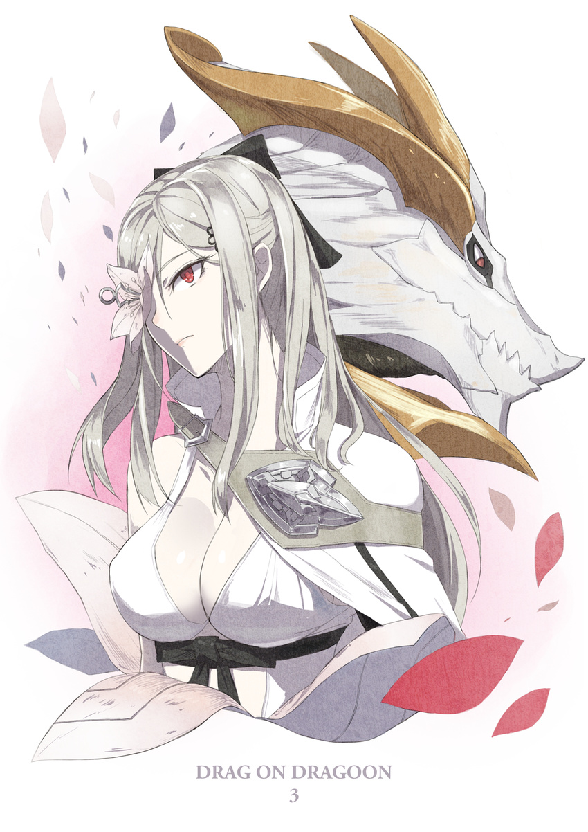 bare_shoulders breasts cleavage drag-on_dragoon drag-on_dragoon_3 dragon eyepatch flower flower_eyepatch highres large_breasts long_hair mikhail_(drag-on_dragoon) red_eyes solo u_nagi white_hair zero_(drag-on_dragoon)