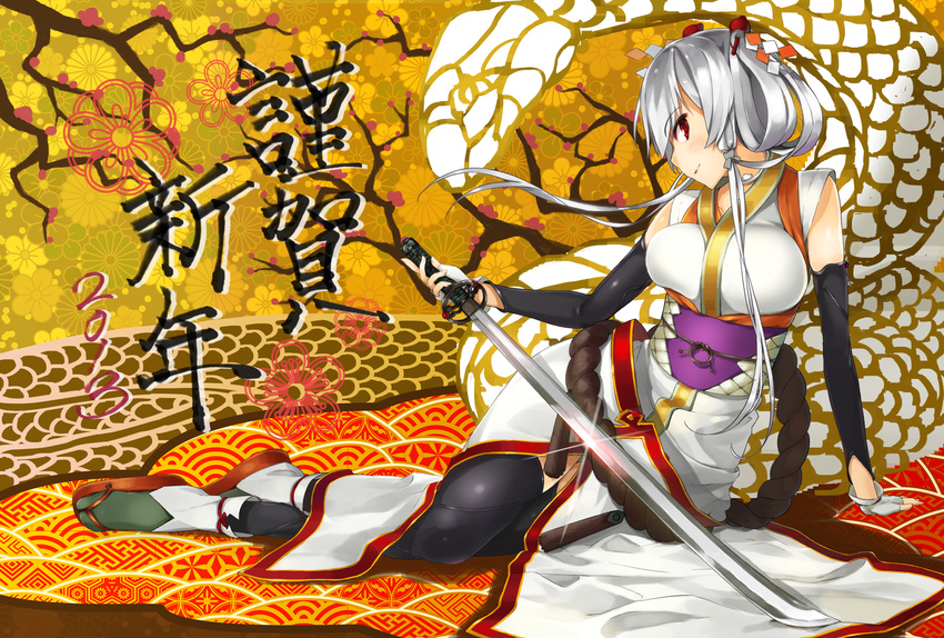 arm_support fingerless_gloves gloves hair_ornament highres japanese_clothes looking_at_viewer lying on_side original sandals silver_hair smile snake solo sword thighhighs translation_request u_nagi weapon