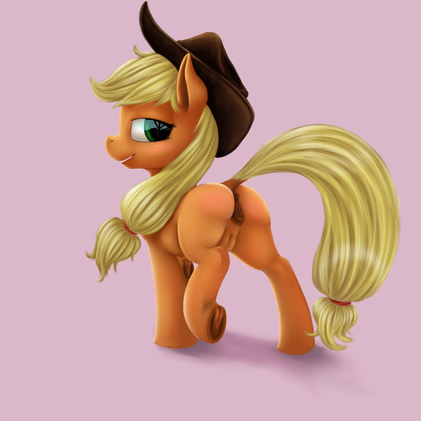 anus applejack_(mlp) blonde_hair cowboy_hat equine female feral freckles friendship_is_magic fur green_eyes hair hat hooves horse long_hair looking_at_viewer mammal my_little_pony orange_fur plain_background pony pony-fuhrer smile solo standing teats tres-apples