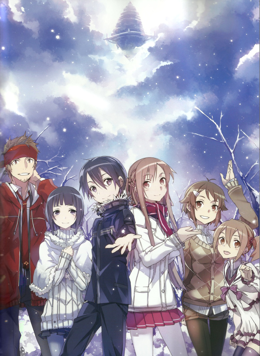 4girls abec aincrad alternate_costume asuna_(sao) black_eyes black_hair black_legwear brown_eyes brown_hair cardigan coat comic cowboy_shot fir_tree floating_castle head_bump highres jacket kirito klein lisbeth long_sleeves looking_at_viewer mole mole_under_eye multiple_boys multiple_girls necktie pants pantyhose plant red_skirt sachi_(sao) scarf shore short_hair short_twintails silica skirt snowing sword_art_online thighhighs tree twintails white_legwear winter_clothes winter_coat