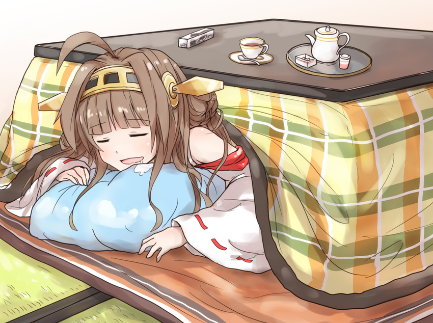 ahoge brown_hair closed_eyes cup detached_sleeves drooling hairband japanese_clothes kantai_collection kongou_(kantai_collection) kotatsu long_hair nontraditional_miko open_mouth pillow plaid raikou_(gotaishu) ribbon-trimmed_sleeves ribbon_trim saliva sleeping solo table teacup under_kotatsu under_table wide_sleeves