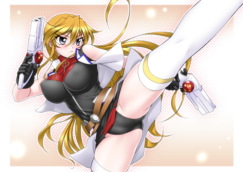 bare_shoulders belt blue_eyes blush breasts covered_nipples cross_mirage dual_wielding frown gun holding kicking large_breasts long_hair lyrical_nanoha mahou_shoujo_lyrical_nanoha_strikers orange_hair panties sakura_ryuuken skirt solo spread_legs teana_lanster thighhighs underwear weapon