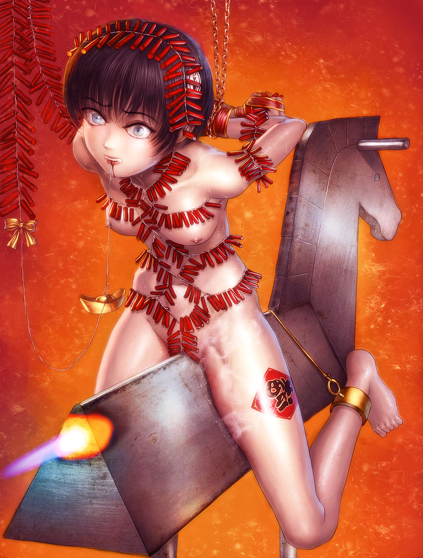 bdsm black_hair bow burning chinese_new_year fire firecrackers highres original ribbon s_zenith_lee short_hair torture wooden_horse
