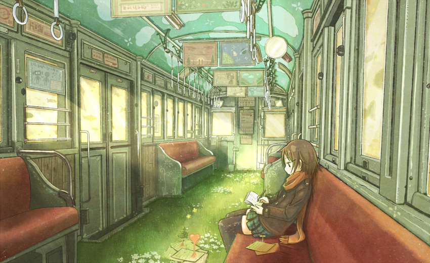 black_legwear brown_hair coat grass heart long_sleeves nabana original scarf scenery seat short_hair sitting skirt thighhighs train_interior tree window winter_clothes winter_coat zettai_ryouiki