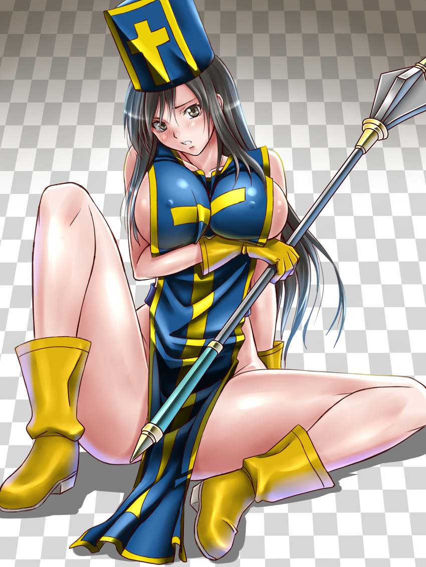 black_eyes black_hair blush boots breast_hold breasts commentary_request cosplay covered_nipples cross dragon_quest dragon_quest_iii final_fantasy final_fantasy_vii full_body gloves highres holding holding_staff large_breasts long_hair looking_at_viewer mitre naked_tabard parted_lips priest_(dq3) priest_(dq3)_(cosplay) sideboob solo spread_legs staff suuitchi tabard tifa_lockhart yellow_footwear yellow_gloves