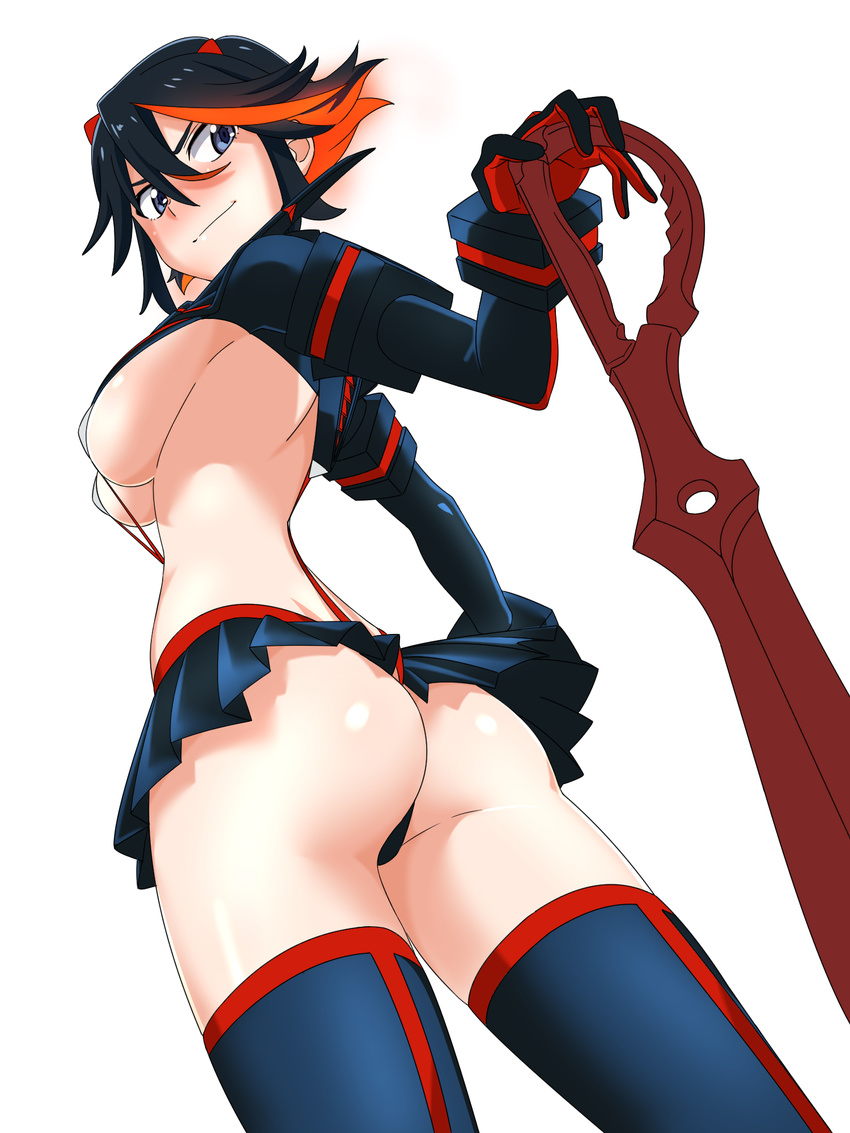 ass bad_id bad_pixiv_id black_hair blue_eyes boots breasts chikuishi from_below highres kill_la_kill large_breasts looking_back matoi_ryuuko microskirt multicolored_hair panties pleated_skirt red_hair revealing_clothes scissor_blade senketsu short_hair sideboob simple_background skirt suspenders thigh_boots thighhighs thong two-tone_hair underboob underwear white_background