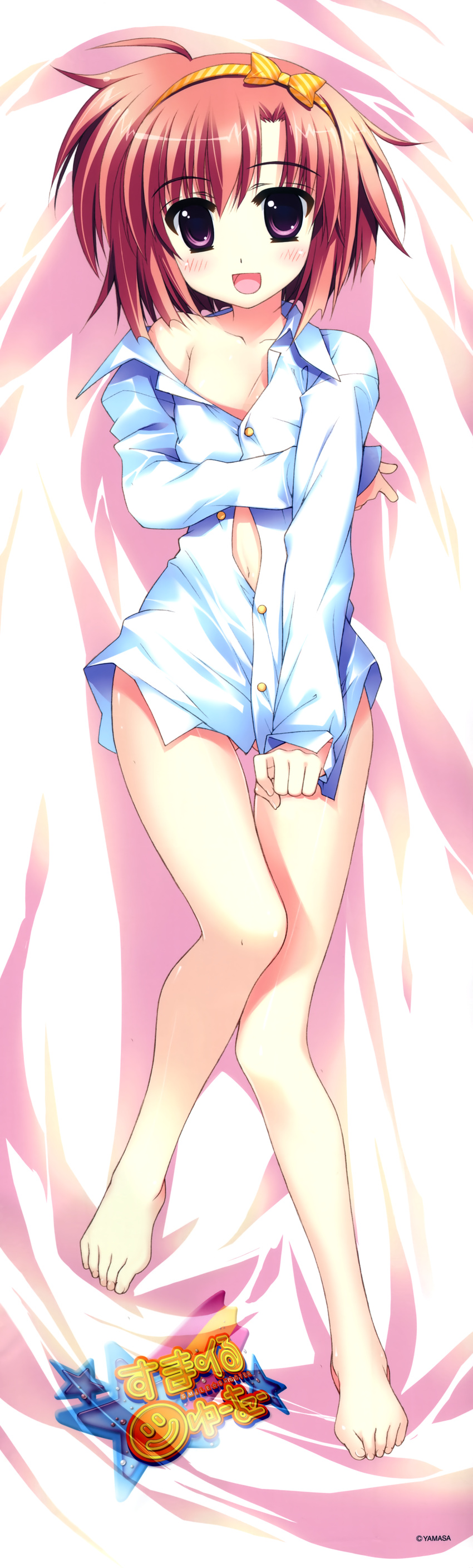 :d absurdres ahoge bangs bare_shoulders barefoot bed_sheet blush bottomless bow breast_hold breasts buttons company_name copyright_name covering covering_crotch crossed_arms dakimakura dress_shirt feet flat_chest from_above fujima_takuya full_body hair_bow hairband happy highres legs logo long_image long_sleeves lying naked_shirt navel off_shoulder official_art on_back on_bed open_mouth parted_bangs pink_hair purple_eyes scan shirt shirt_tug short_hair sleeves_past_wrists smile smile_shooter smiley_face solo star striped tall_image thigh_gap usaki_yurina white_shirt wing_collar