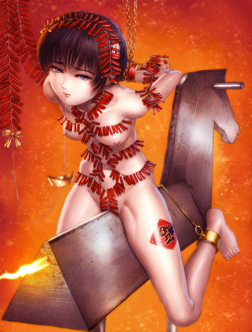 bdsm black_hair chinese_new_year fire firecrackers highres original ribbon s_zenith_lee short_hair torture wooden_horse