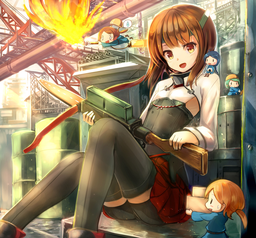 bike_shorts bow_(weapon) brown_eyes brown_hair crossbow damage_control_crew_(kantai_collection) flat_chest headband headgear highres kantai_collection magazine_(weapon) md5_mismatch minigirl multiple_girls open_mouth pleated_skirt sakura_ani short_hair skirt taihou_(kantai_collection) thighhighs weapon