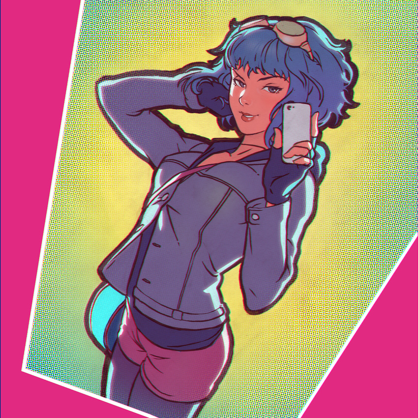 blue_eyes blue_hair cellphone chromatic_aberration goggles goggles_on_head highres ilya_kuvshinov lips phone ramona_v_flowers scott_pilgrim self_shot smartphone smile solo