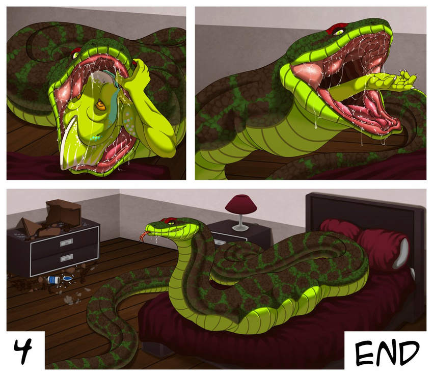 anthro biceps claws comic danza fangs feral forked_tongue greenwing long_tongue male muscles nude on_bed open_mouth reptile saliva scales scalie size_difference snake teeth tongue tongue_out vorarephilia vore