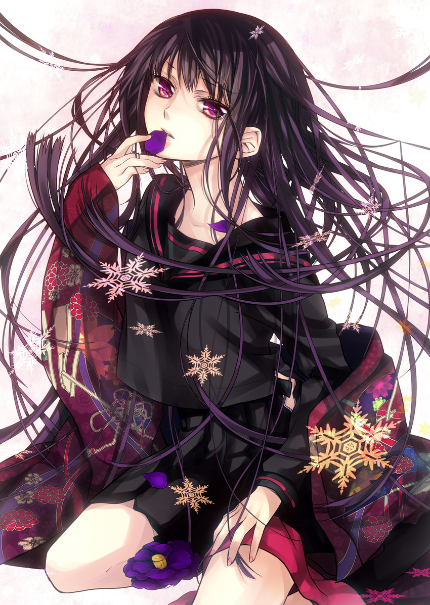 1girl black_hair camellia collaboration ears female fingernails flower highres japanese_clothes kimono kneeling long_hair looking_at_viewer multicolored_eyes murakami_yuichi object_in_mouth original parted_lips petals purple_eyes red_eyes school_uniform serafuku skirt snowflakes solo traditional_clothes uniform