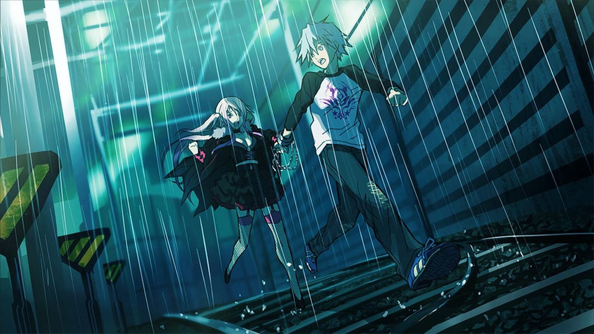 1boy 1girl aqua_hair arm_warmers artist_request breasts chains cuffs denim disorder_6 dutch_angle fishnet_legwear fishnets frilled_skirt frills garters handcuffs highres jeans joe_(disorder_6) long_hair looking_back night open_mouth pants pink_hair rail rain running shiina_(disorder_6) shirt shoes short_hair sign skirt skirt_set sneakers t-shirt thighhighs zettai_ryouiki