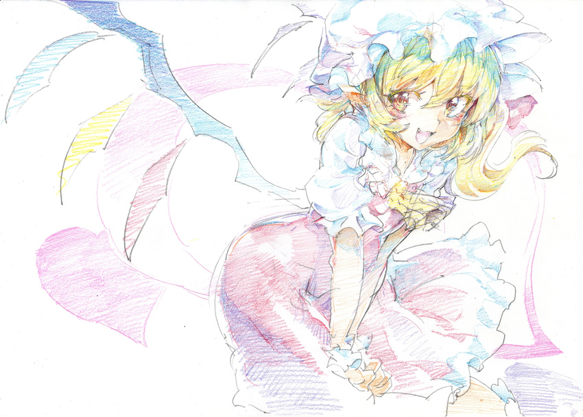 ascot blonde_hair colored_pencil_(medium) dress flandre_scarlet hat highres looking_at_viewer mob_cap open_mouth oshake puffy_sleeves red_dress red_eyes shirt short_sleeves side_ponytail smile solo touhou traditional_media v_arms wings