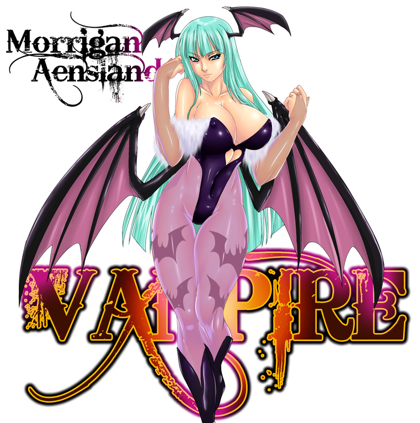 animal_print aqua_eyes aqua_hair bat_print bat_wings boots breasts bridal_gauntlets character_name copyright_name covered_nipples hime_cut judge_martin large_breasts leotard long_hair morrigan_aensland pantyhose print_legwear purple_legwear vampire_(game) wings