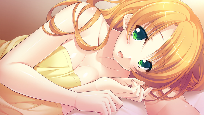 1girl ayase_hazuki bed bed_sheet blush breasts game_cg green_eyes highres kamidere long_hair looking_at_viewer lying nude on_side open_mouth orange_hair pillow small_breasts smile solo tokunaga_hoshino