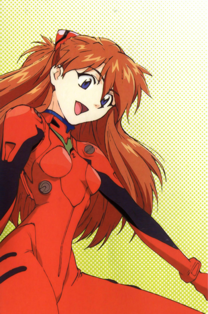 1girl 90s breasts curvy female happy long_hair neon_genesis_evangelion official_art plugsuit scan smile soryu_asuka_langley twintails