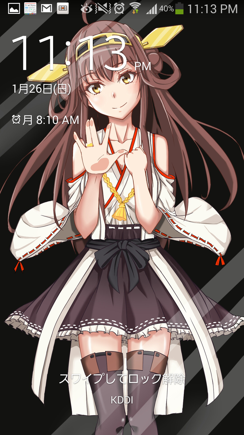 against_glass ahoge android_(os) bare_shoulders black_legwear blush boots brown_hair detached_sleeves double_bun fukai_koori hair_ornament hairband head_tilt headgear highres japanese_clothes jewelry kantai_collection knees_together kongou_(kantai_collection) long_hair nontraditional_miko phone_screen ribbon-trimmed_sleeves ribbon_trim ring skirt smile solo thigh_boots thighhighs translated wedding_band wide_sleeves yellow_eyes