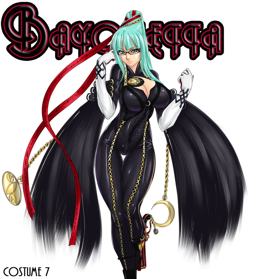 aqua_eyes aqua_hair bayonetta bayonetta_(character) bayonetta_(character)_(cosplay) beehive_hairdo bodysuit breasts character_name cleavage_cutout cosplay glasses gloves gun highres jewelry judge_martin large_breasts morrigan_aensland solo thigh_gap vampire_(game) weapon