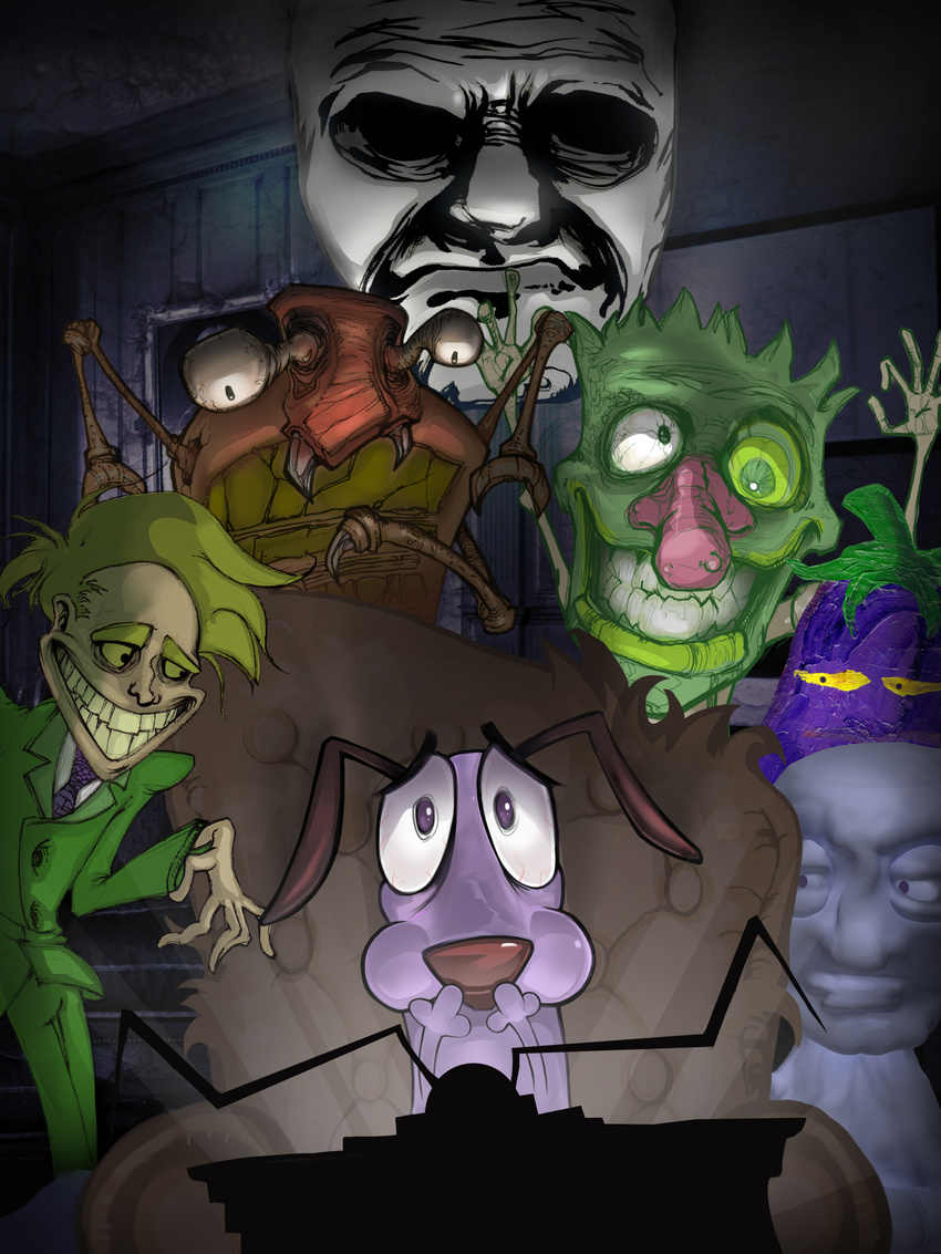 canine cockroach courage courage_the_cowardly_dog creepy dog eggplant eustace_bagge evil_eggplants evil_eggplants_(courage_the_cowardly_dog) freaky_fred fur grin hair human jeff4hb male mammal mask necktie pink_fur schwick sitting spirit_of_the_harvest_moon suit television the_blue_creature