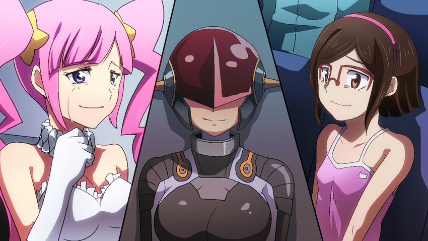 aburai_yui aila_jyrkiainen bare_shoulders blue_eyes bodysuit brown_hair camisole elbow_gloves glasses gloves gundam gundam_build_fighters hairband helmet highres kirara_(gundam_bf) kousaka_china long_hair multiple_girls pink_hair red-framed_eyewear short_hair silver_hair smile tank_top tears twintails