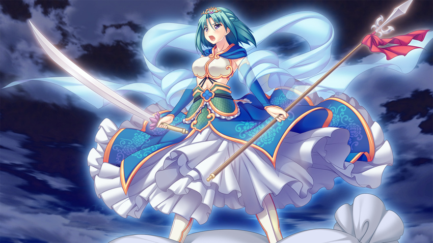 1girl ayase_hazuki blush breasts cloud clouds elbow_gloves game_cg gloves green_hair highres kamidere large_breasts looking_away night open_mouth polearm purple_eyes short_hair skirt sky solo spear standing sword weapon