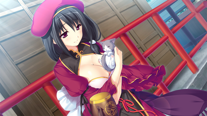 1girl animal ayase_hazuki black_hair blush breasts cat cleavage eyes_closed game_cg hammer hat highres japanese_clothes kamidere large_breasts long_hair looking_down pink_eyes sitting smile tail temple