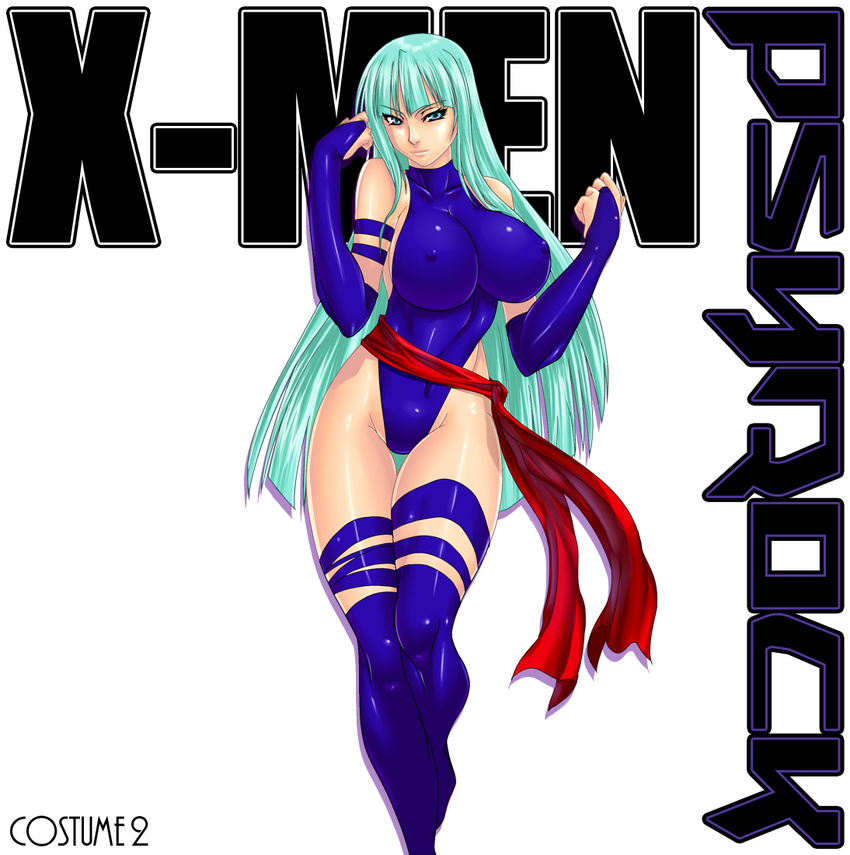 aqua_eyes aqua_hair blue_leotard breasts bridal_gauntlets character_name copyright_name cosplay covered_nipples elbow_gloves engrish gloves highleg highleg_leotard hime_cut judge_martin large_breasts leotard long_hair marvel morrigan_aensland psylocke psylocke_(cosplay) ranguage sash solo thigh_gap thigh_strap thighhighs vampire_(game) x-men