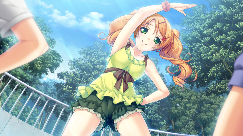 1girl arms_up ayase_hazuki bare_shoulders breasts cloud clouds game_cg green_eyes hand_on_hip highres kamidere legs long_hair looking_at_viewer medium_breasts orange_hair shorts sky smile standing sunlight thighs tokunaga_hoshino tree trees twintails