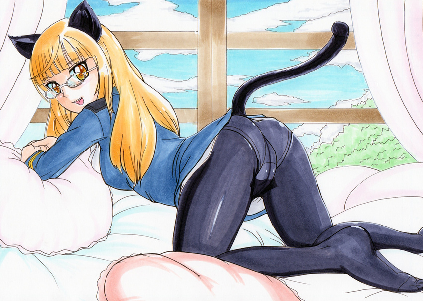 absurdres animal_ears ass bad_id bad_pixiv_id bed black_legwear blonde_hair cat_ears cat_tail cloud crotch_seam day feet glasses hayami_jin highres long_hair looking_at_viewer military military_uniform open_mouth panties panties_under_pantyhose pantyhose perrine_h_clostermann pillow smile solo strike_witches tail traditional_media trefoil underwear uniform window world_witches_series yellow_eyes