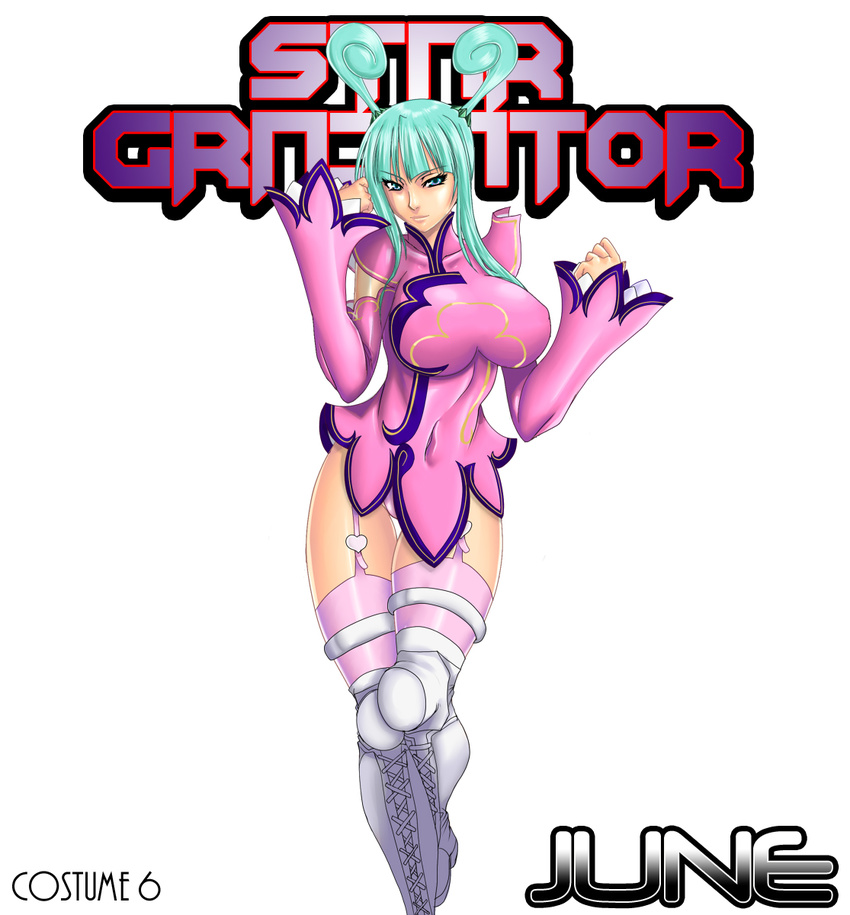 antenna_hair aqua_eyes aqua_hair boots breasts character_name chinese_clothes copyright_name cosplay engrish garter_straps highres judge_martin june_lin_milliam june_lin_milliam_(cosplay) large_breasts morrigan_aensland pink_legwear ranguage solo star_gladiator thighhighs vampire_(game) white_background