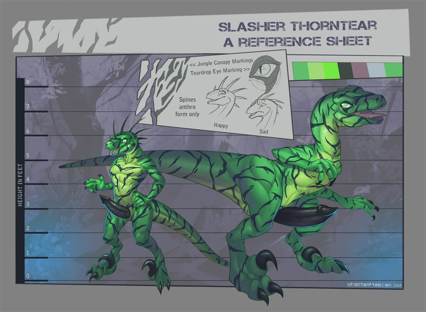 big_muscles black_penis body_markings claws dinosaur fangs feral green_eyes green_skin grin horn male markings model_sheet muscles nude open_mouth pecs penis presenting raptor reptile scales scalie sheath slasher_thorntear slit smile solo spikes spiritraptor standing stripes teeth theropod toe_claws toned tongue