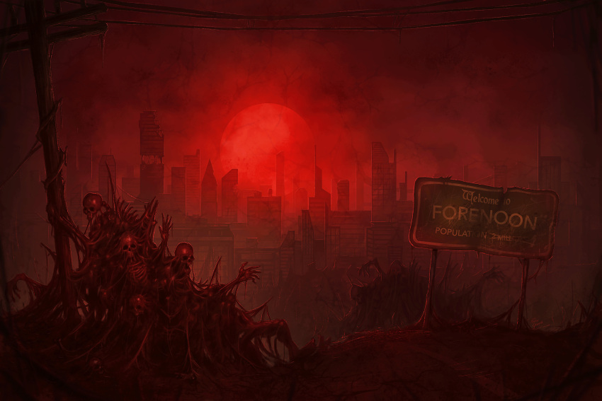 apocalypse body_horror cityscape commentary commission english_commentary english_text flesh fog highres holding holding_pole horror_(theme) melted_together outdoors pile_of_corpses pole predo_guerra red_sky red_sun red_theme road_sign ruins scp-001_(when_day_breaks) scp_foundation sign skeleton skull sky sun utility_pole