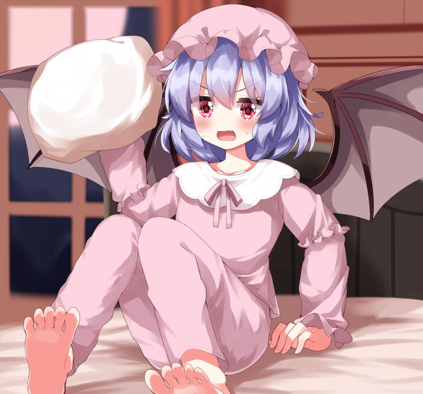 1girl alternate_costume angry barefoot bat_wings blue_hair commentary_request highres holding holding_pillow long_sleeves open_mouth pajamas pillow pink_eyes remilia_scarlet ruu_(tksymkw) short_hair soles solo toes touhou v-shaped_eyebrows wings