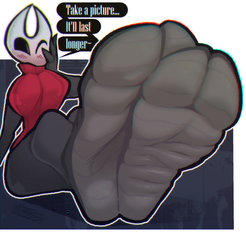 2_toes anthro arthropod blush breasts countershade_feet countershading dogeoisie english_text feet female foot_focus hi_res hollow_knight hornet_(hollow_knight) humanoid_feet one_eye_closed plantigrade simple_background sitting soles solo team_cherry text toes wink wrinkled_feet