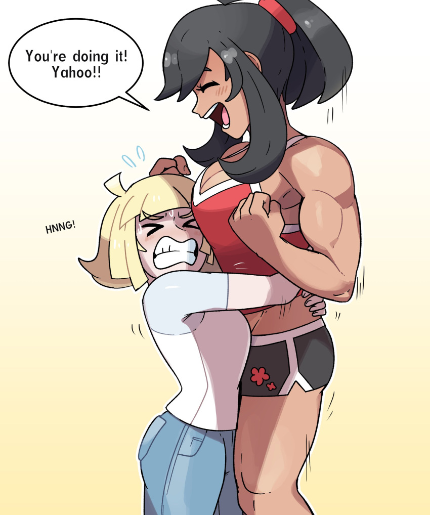 abs aged_up alternate_muscle_size black_hair blonde_hair highres juno_son lillie_(pokemon) muscular muscular_female pokemon selene_(pokemon) thick_thighs thighs yuri