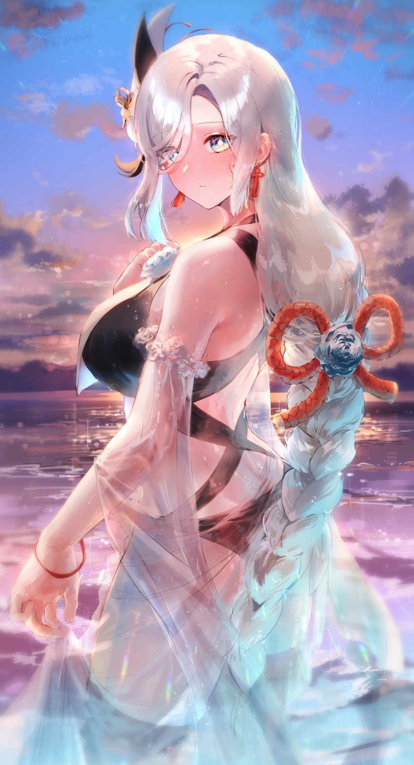 1girl absurdres alternate_costume bikini black_bikini blue_eyes blush breasts closed_mouth cloud cloudy_sky commentary detached_sleeves earrings eshineko from_behind genshin_impact gradient_eyes grey_hair hair_ornament highres jewelry large_breasts long_hair looking_at_viewer looking_back low-tied_long_hair multicolored_eyes ocean parted_bangs purple_sky rope see-through shenhe_(genshin_impact) shimenawa sky solo summer sunset swimsuit symbol-only_commentary wading yellow_eyes