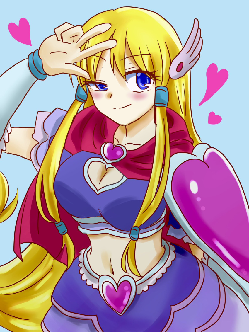 1girl armor blonde_hair blue_eyes blue_skirt bobobo-bo_bo-bobo breasts capelet cleavage closed_mouth cowboy_shot crop_top denbo heart highres large_breasts layered_skirt long_hair looking_at_viewer low-tied_sidelocks midriff navel non-web_source pauldrons red_capelet shoulder_armor simple_background skirt smile thighhighs wing_hair_ornament